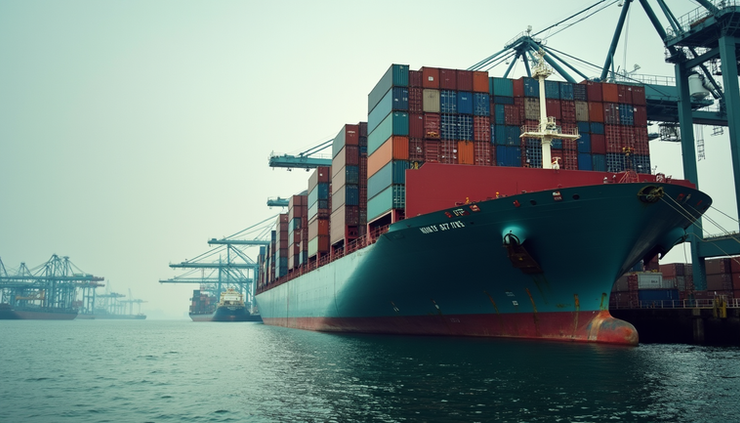 Eye-level view of a large cargo ship docked at a busy port with stacked containers