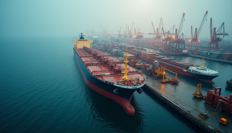 High angle view of a shipyard with vessels undergoing digital inspection and data analysis