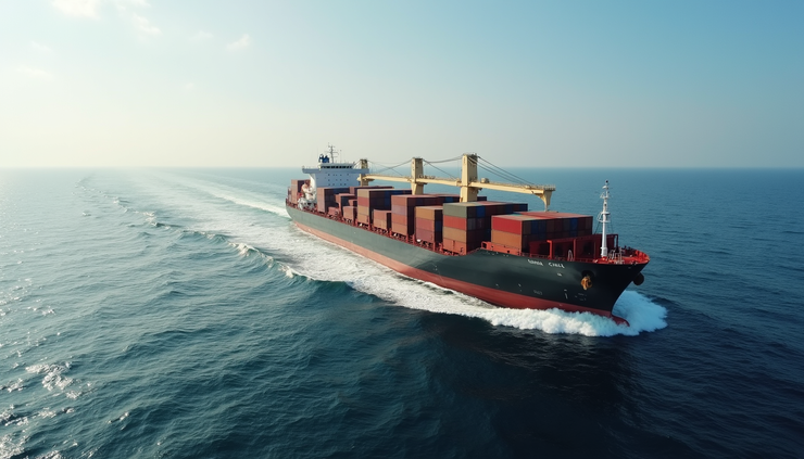 High angle view of a container ship rerouted around a long coastline due to geopolitical tensions