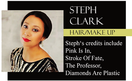 Steph Clark, Hair & Make Up Artist, smiling in a close-up portrait with a yellow and black graphic design