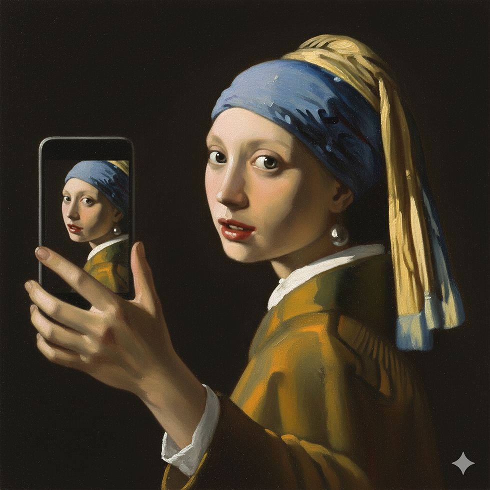 imagen intervenida con Gemini a partir del cuadro "La joven del arete de Perla" de Johannes Vermeer.