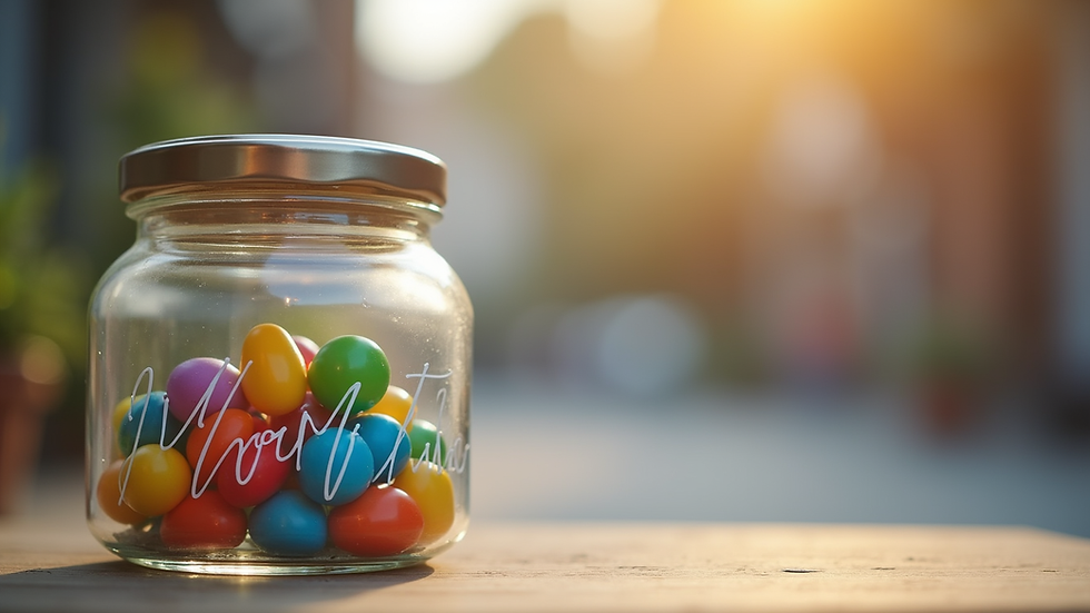 Close-up view of a colorful donation jar with a nonprofit logo