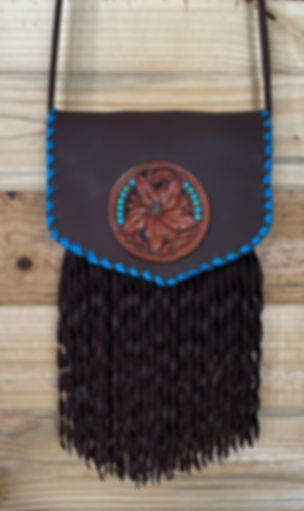 #8.Soft Chocolate leather purse, hand carvedflower, twisted fringe