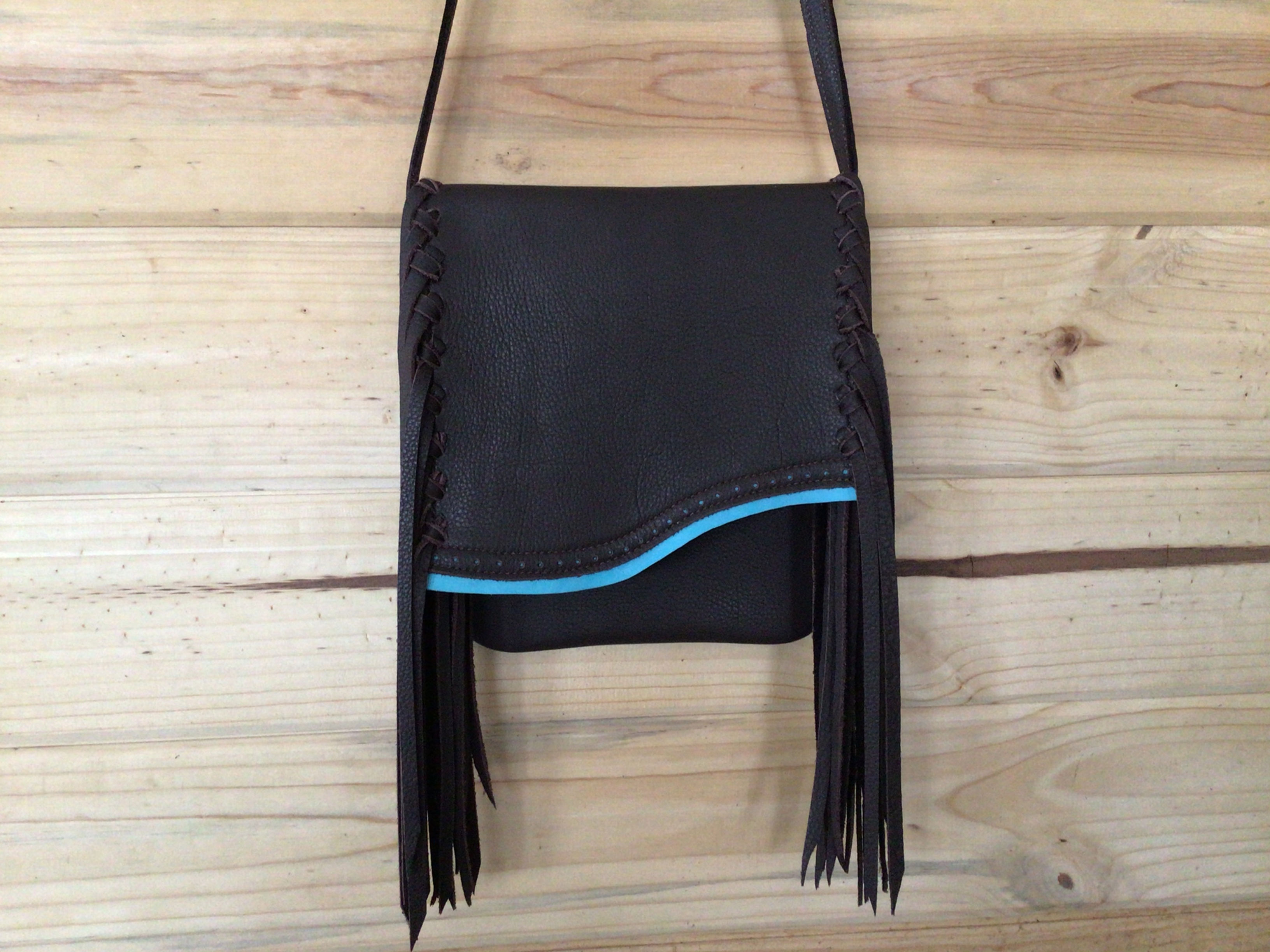 #48 Chocolate crossbody with turquoise trim