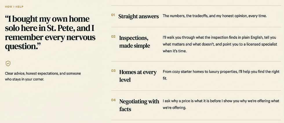 Graphic design listing services for homebuyers. It highlights benefits like straightforward financial advice, simplified inspections, diverse housing options, and negotiation based on facts.