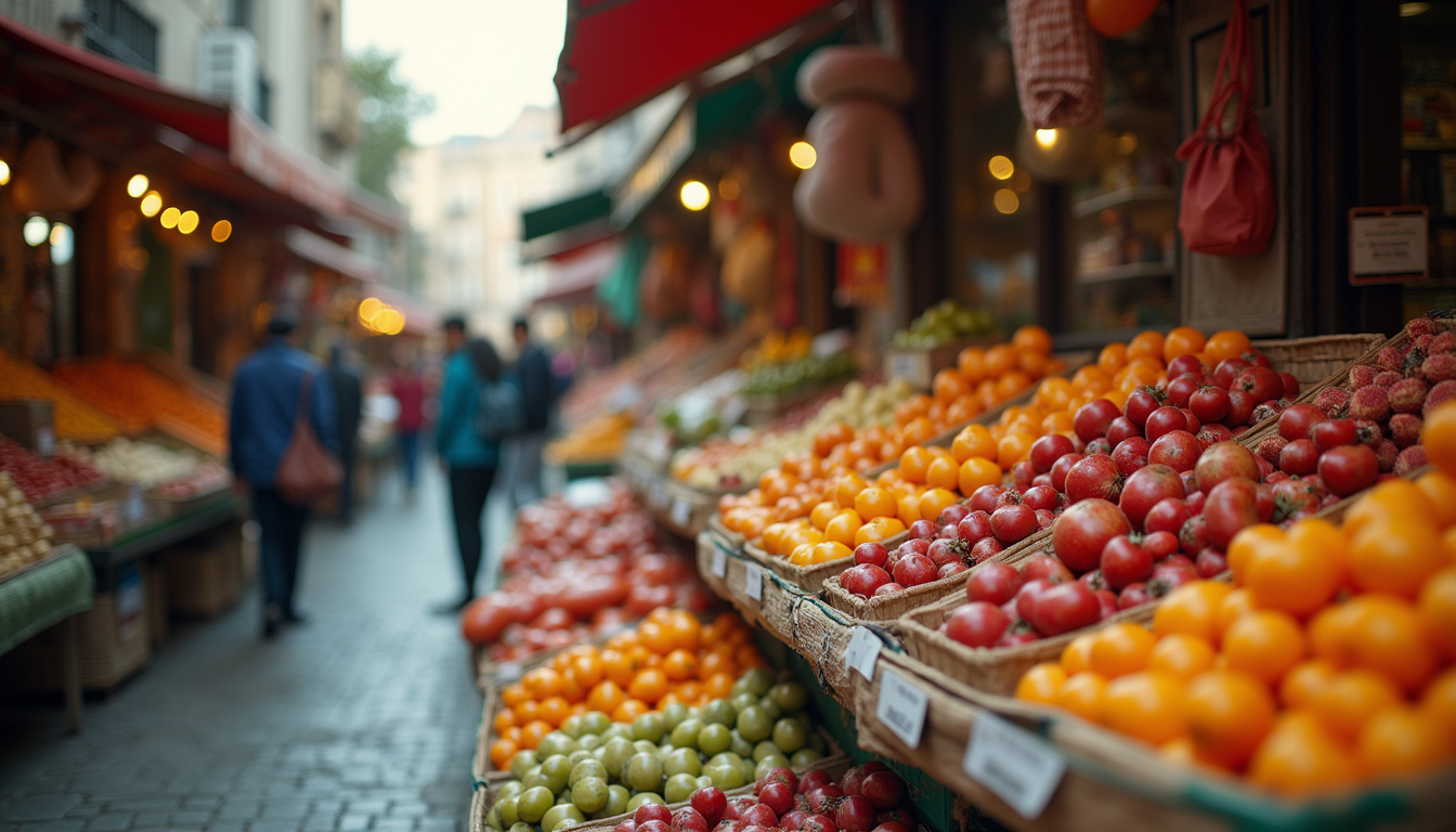 Eye-level view of a vibrant outdoor market filled with colourful products