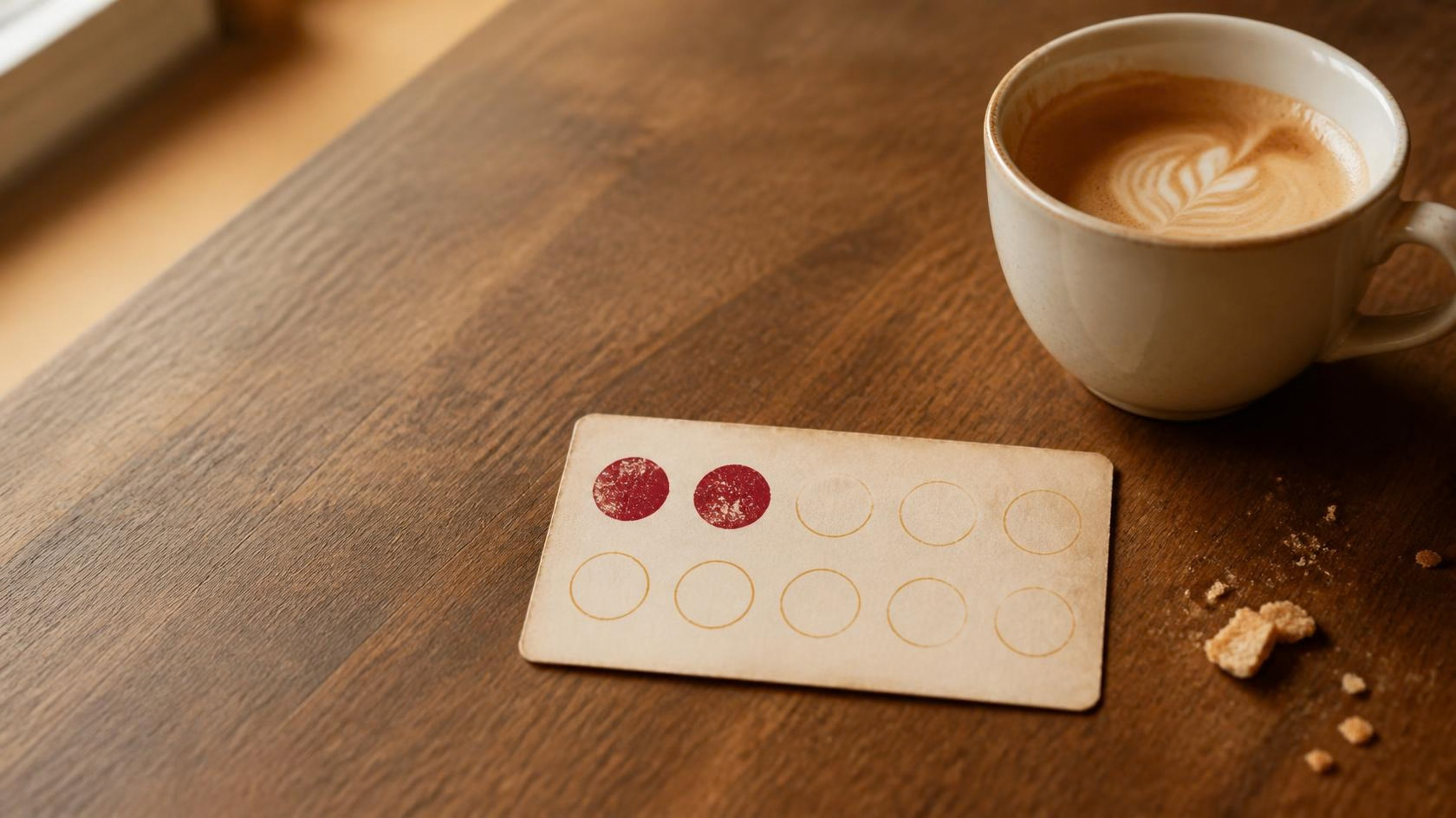 A paper café loyalty stamp card next to a cup of coffee