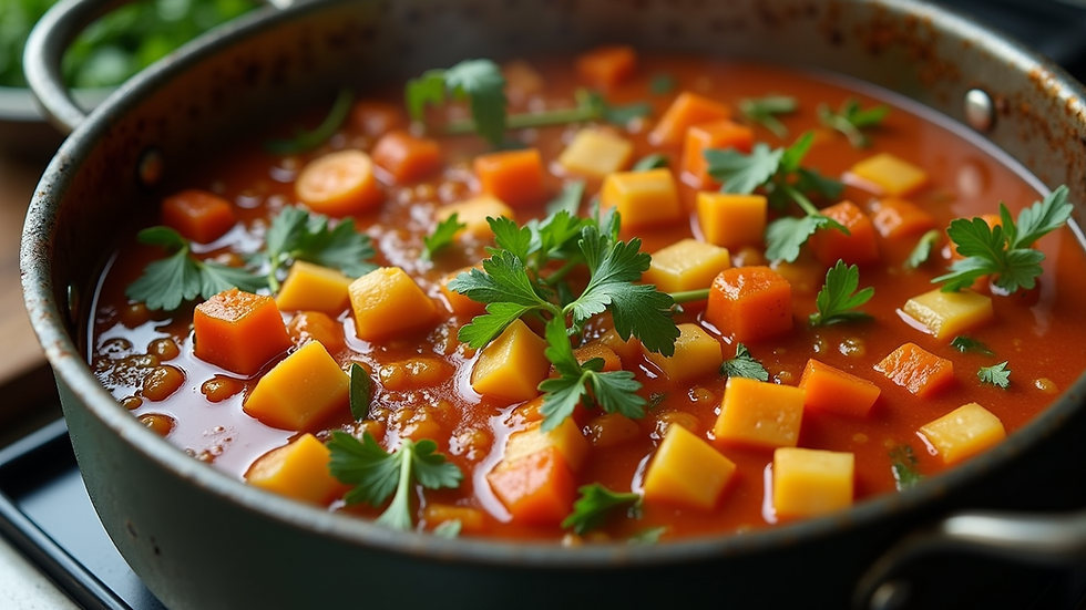 Close-up of a colorful vegetable stew simmering in a pot