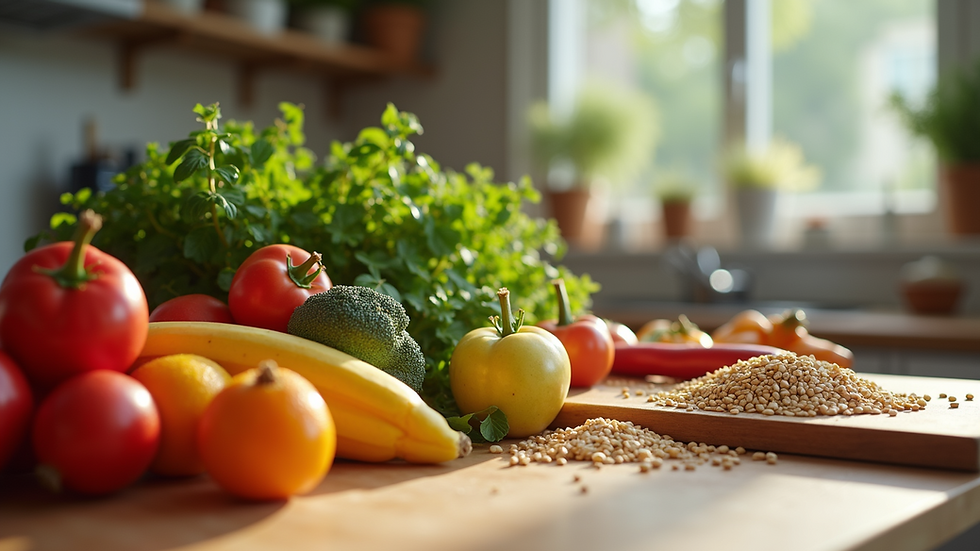 Eye-level view of a kitchen counter with fresh fruits, vegetables, and whole grains