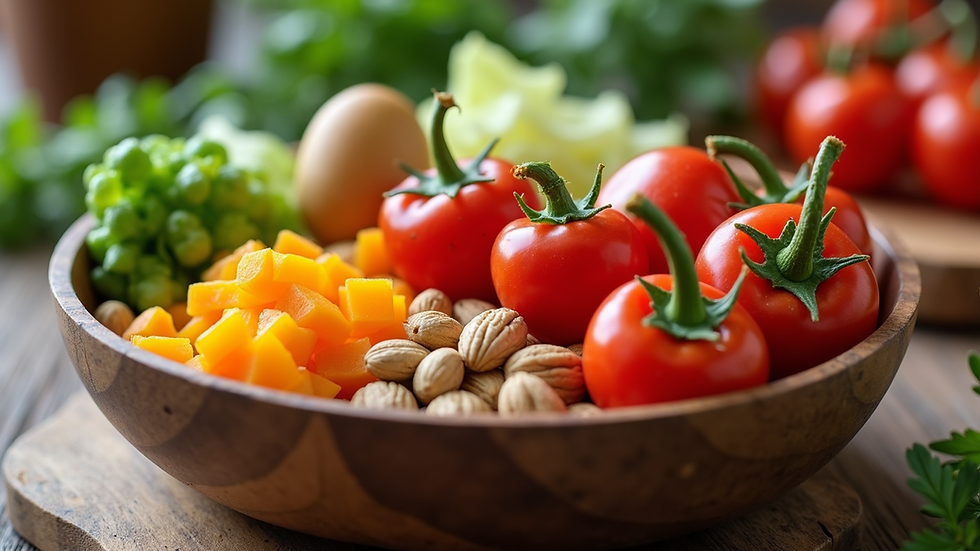 Close-up view of a colorful bowl of fresh vegetables and nuts