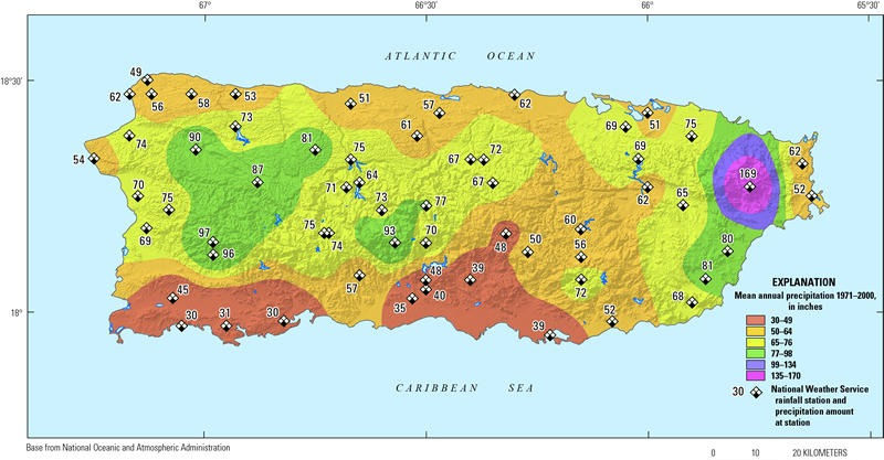 Caption reads: "Puerto Rico Annual Precipitation Map." The Puerto Rico map shows areas with high annual precipitation as pink and purple and areas with low precipitation as orange and red. The Luquillo Mountains in the east are purple and pink, meaning areas with high precipitation. Moving west, the precipitation decreases. Then, near the mountains in the centrally west parts of the island, the precipitation is higher again. The areas of the island with the lowest precipitation are the southern parts, mostly on the central and eastern perimeters of the island.