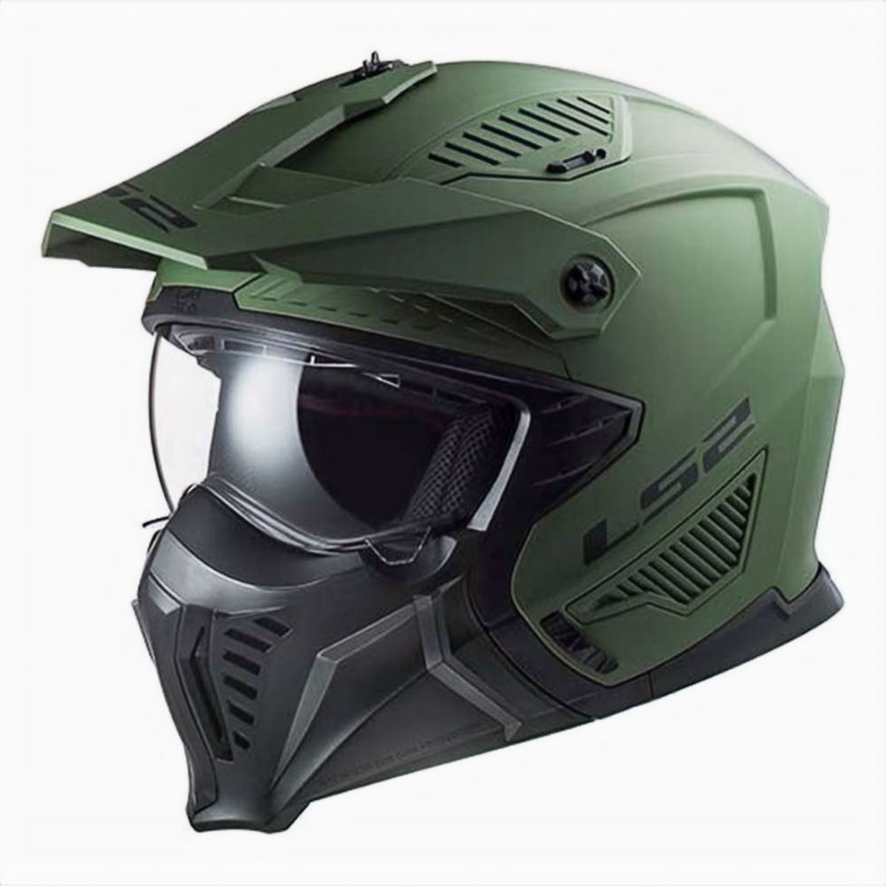 Green LS2 helmet with visor for motorcycle riding, protective gear.