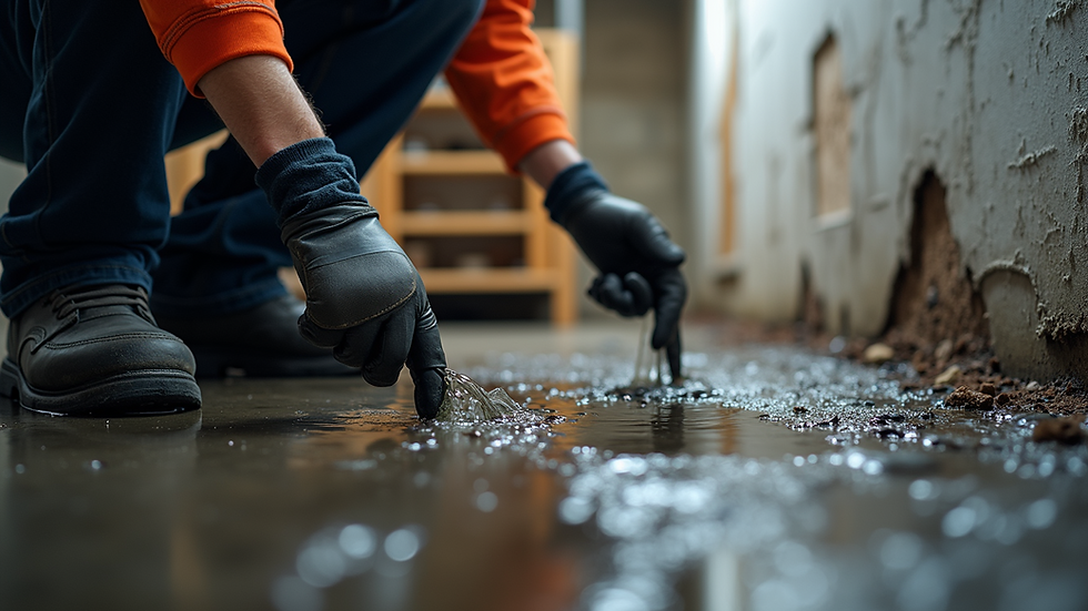 Close-up view of a technician inspecting water damage in a basement