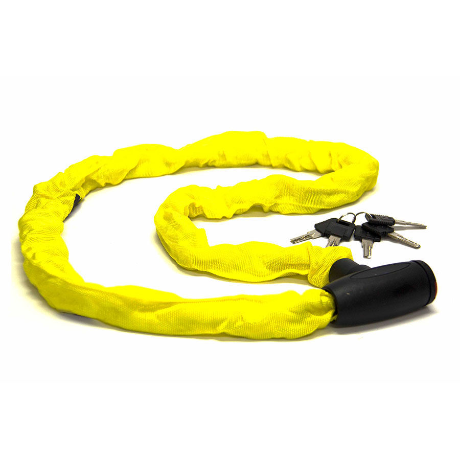 שרשרת אופניים צהובה עם מנעול ומפתחות. רגלית אלומיניום 20 לאופנים חשמליים ורגילים.