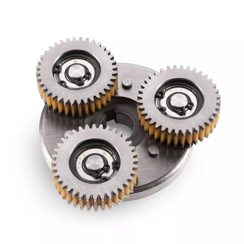 Three metal gears on a metal base, mechanical parts, equipment and machinery.