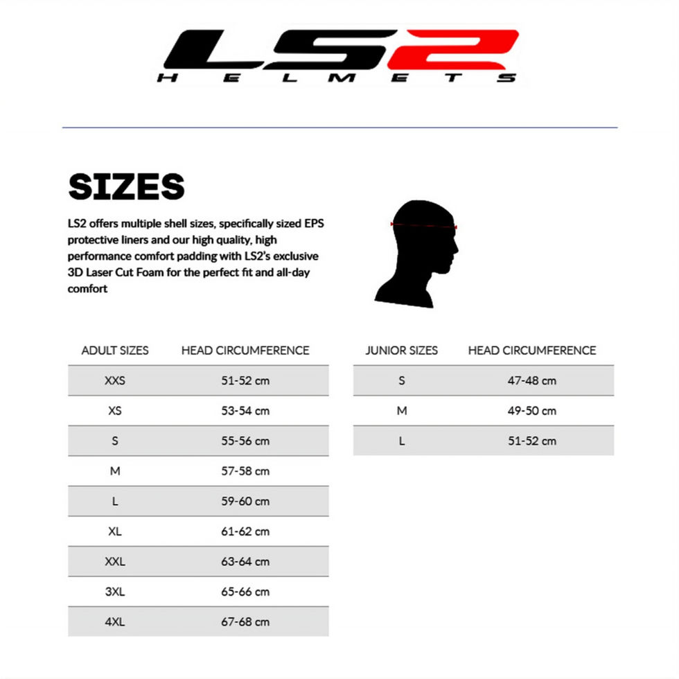 LS2 Helmets sizes chart with head circumference information for adults and juniors