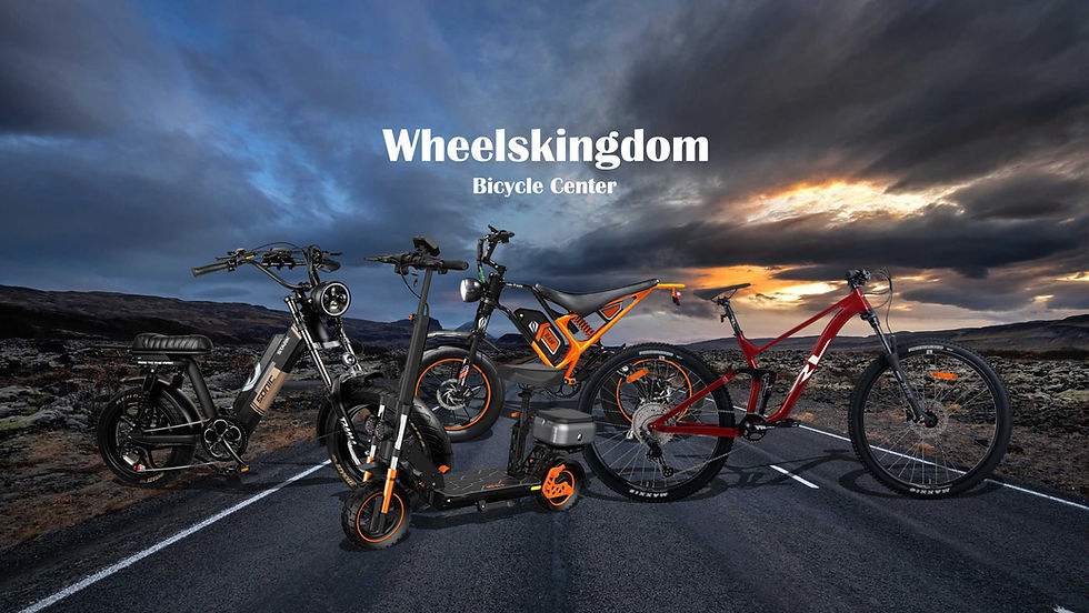 Wide angle view of a colorful selection of bicycles and scooters