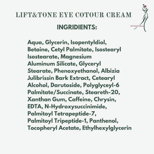 Миниатюра: Tall, cylindrical opaque white airless-pump bottle labeled ‘Lift & Tone Eye Contour Cream 30 ml / 1 oz