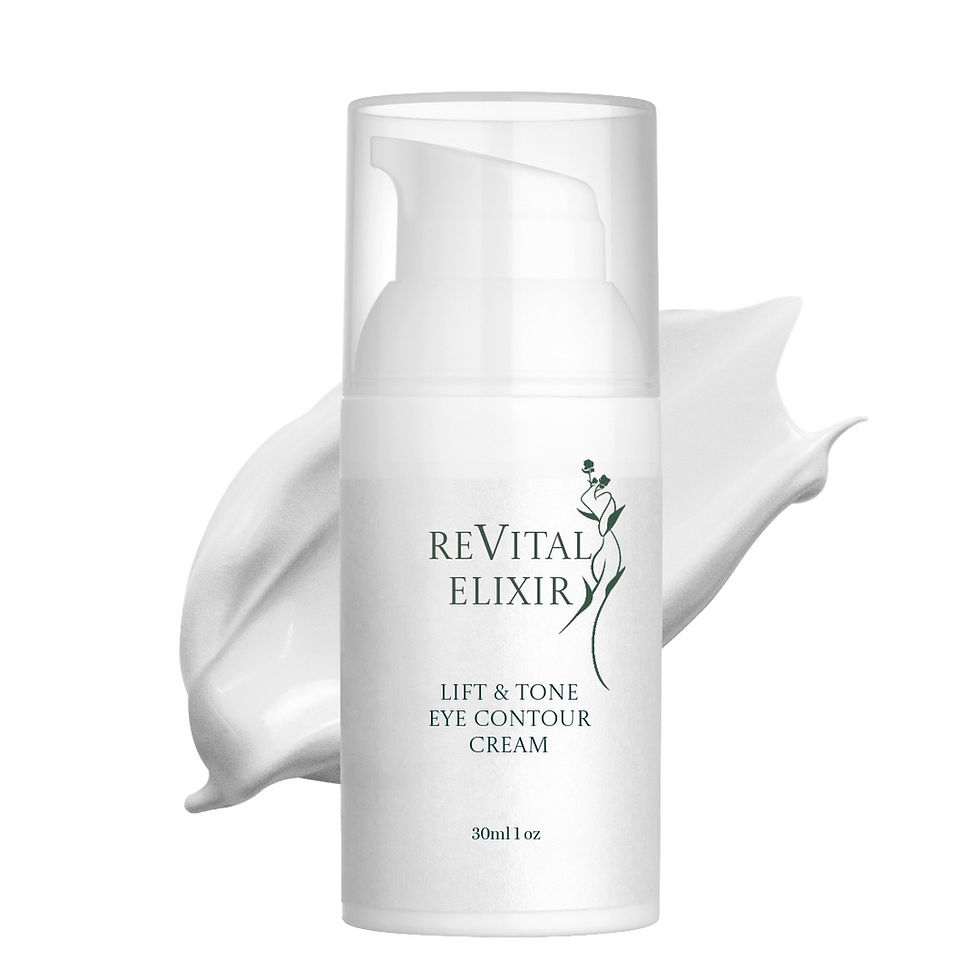 Tall, cylindrical opaque white airless-pump bottle labeled ‘Lift & Tone Eye Contour Cream 30 ml / 1 oz