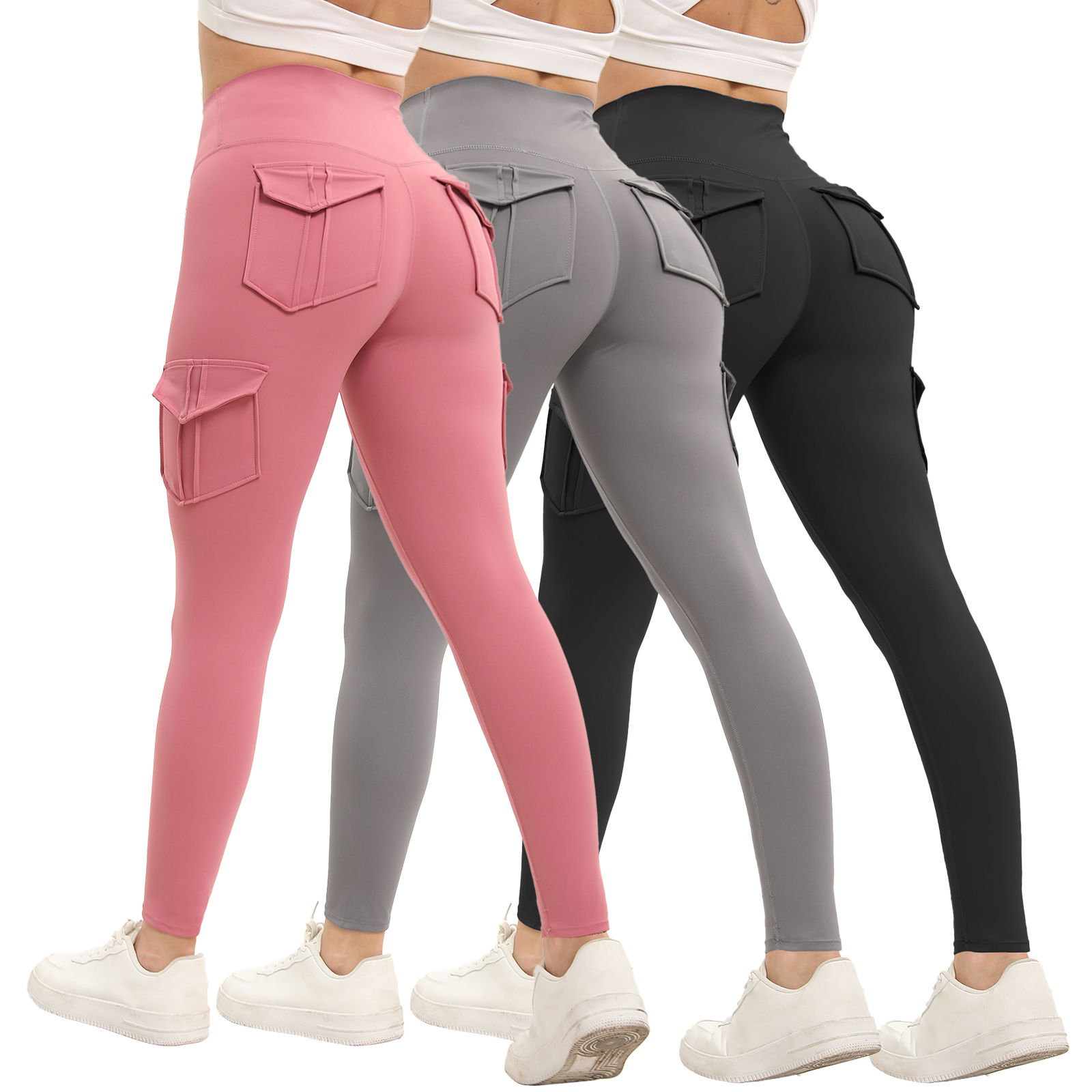 3PCS Women's Solid Color Gym Leggings High Waisted Fitness Yoga Pants Practical