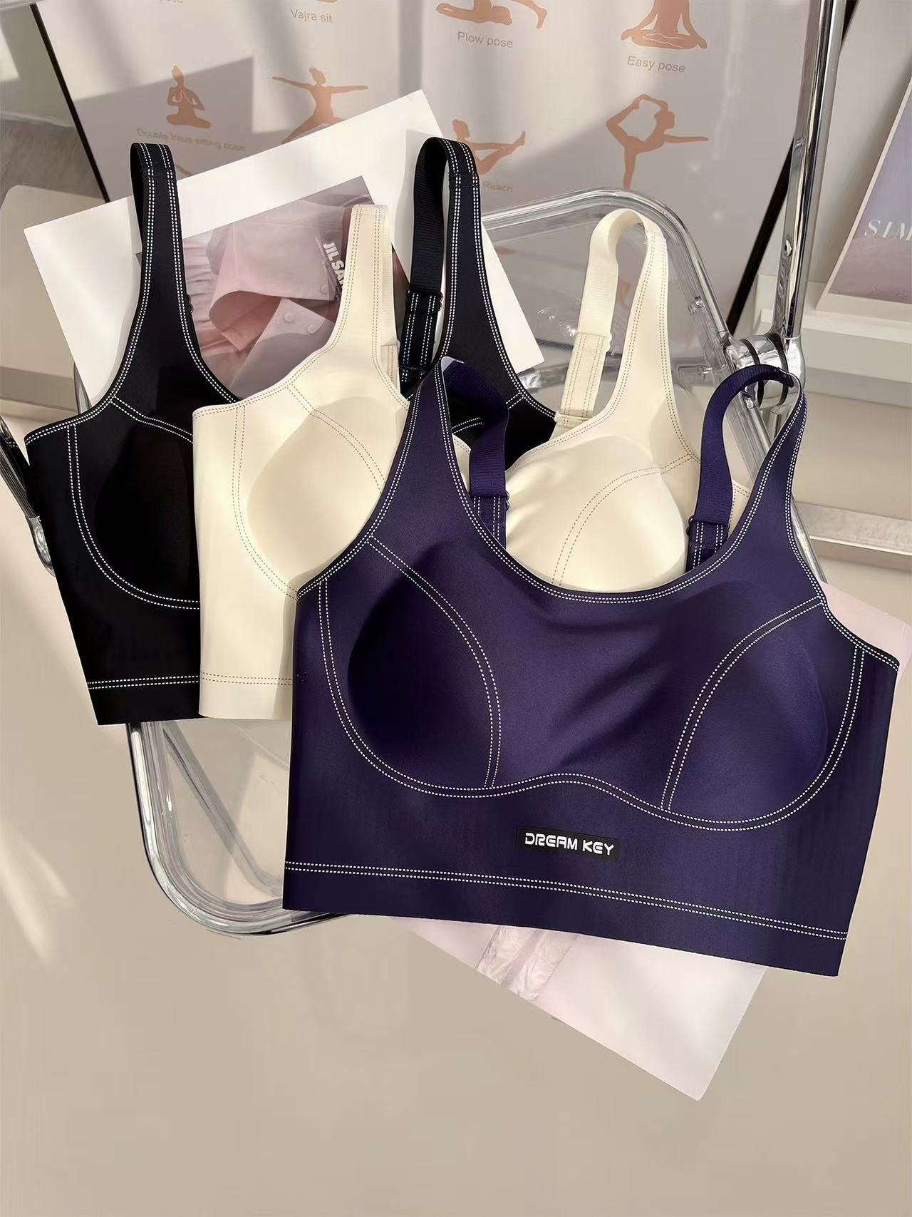 U-Neck Breathable Denim Print Seamless Jelly Gel Wireless Bra - Longline Outdoor
