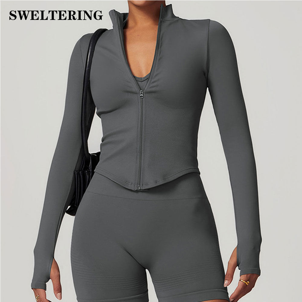 Zipper Jacket Women Crop Tops Yoga T-shirts Solid Sports Top Long Sleeve Running
