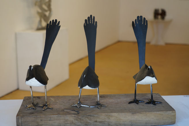 Created by Stephen Coburn from stainless steel and painted with moveable tails. Stephen created these as there are many on his own property-and as custodian of his own land and the many creatures on it, he felt the need to represent them in his own way. These birds are known as the 'gossips' to local indigenous communities, to the point that the sight of a Willy Wagtail meant to them that you shouldn't share any secrets for fear of the birds letting the secret out.
Located in the collection of the artist.
Size: Each bird is 300mmx300mmx100mm.