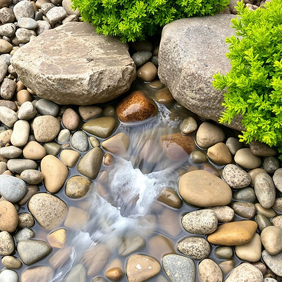 pebbles with water flowing through with green shrubs.jpg