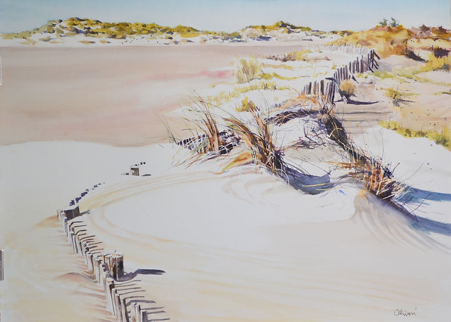 Aquarelle représentant une plage de Camargue avec des dunes et des oyats