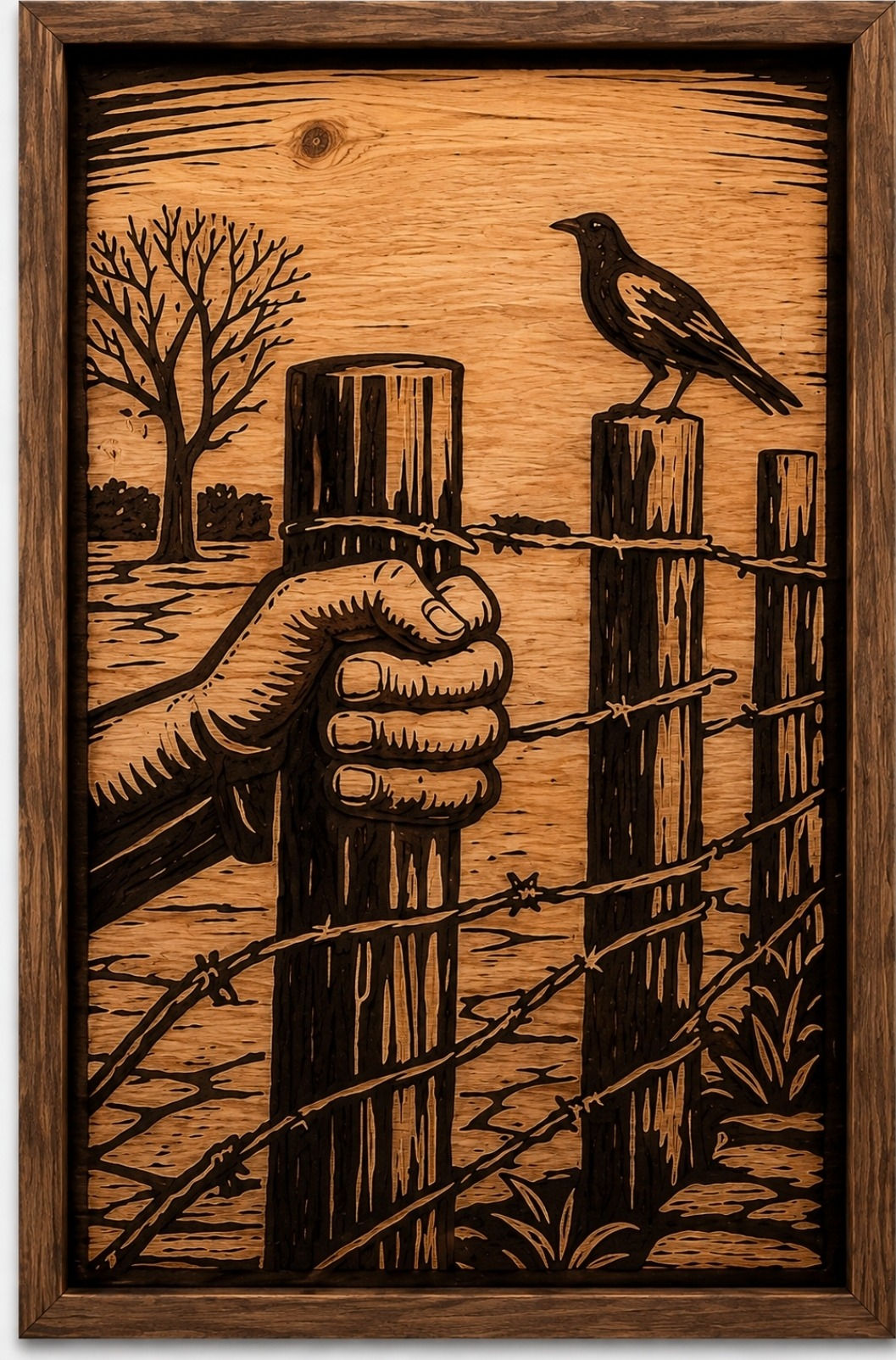 Holding On framed Australian bush timber carving with hand gripping fence post and magpie