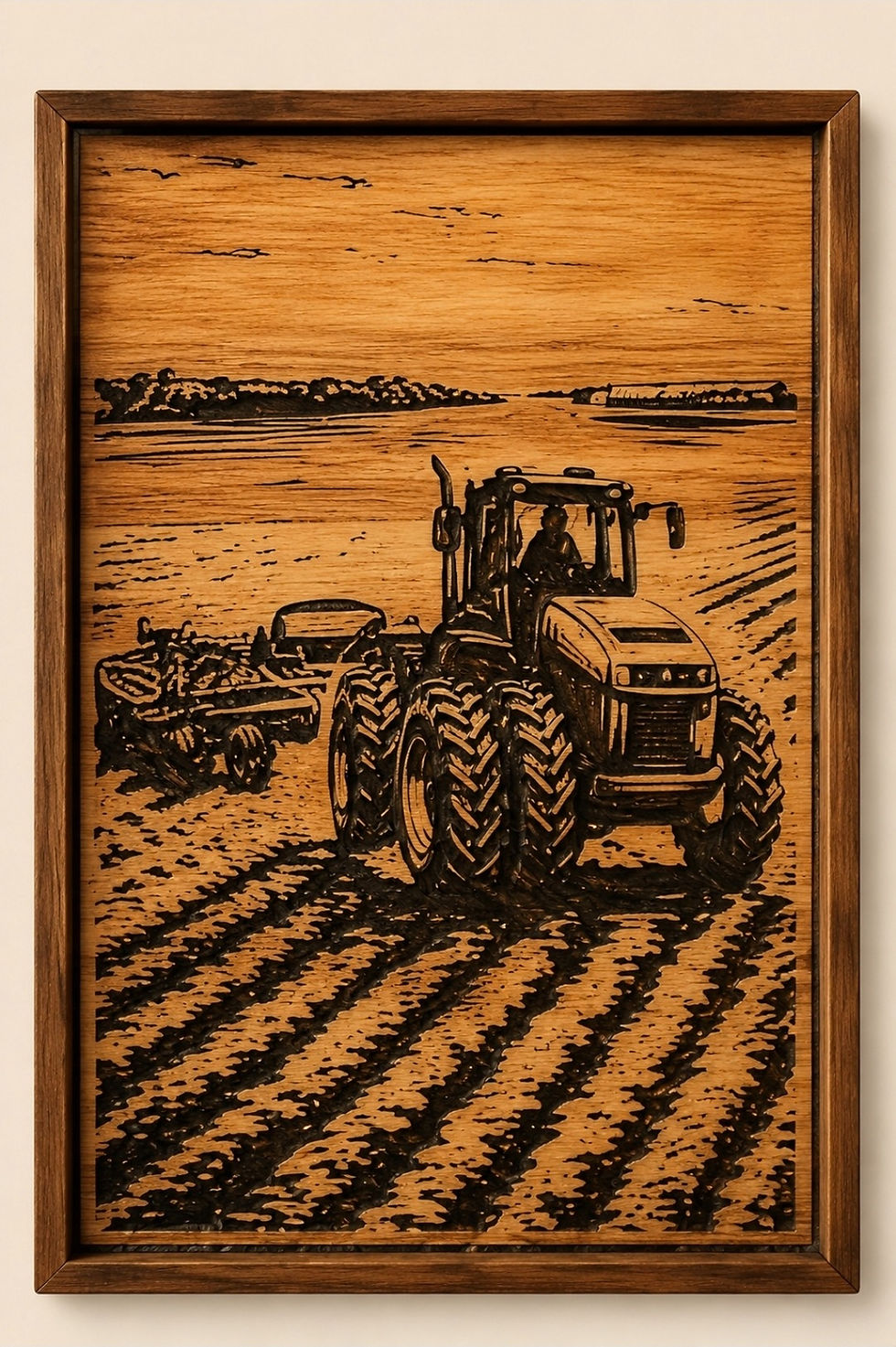 Working the Ground Australian timber carving of a broadacre tractor cultivating a paddock