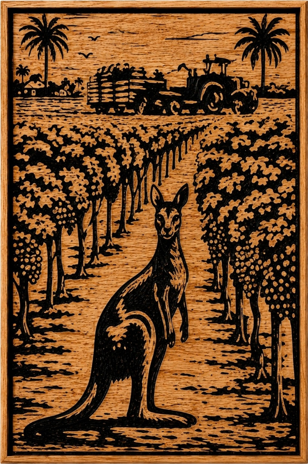 Sunraysia Today timber carving showing vineyards, kangaroo and tractor in the Mildura region