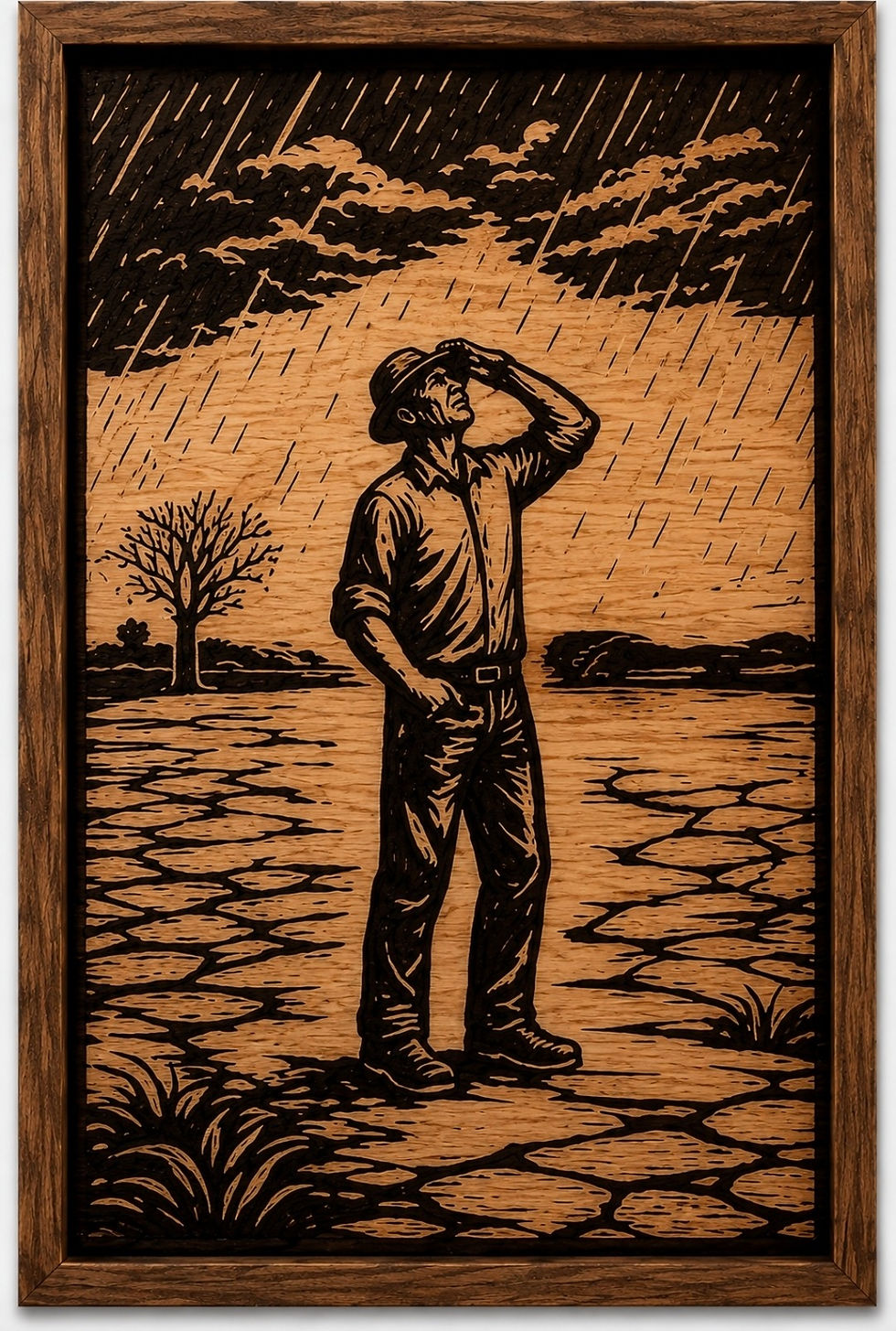 The Break framed Australian bush timber carving of a farmer standing in rain after drought