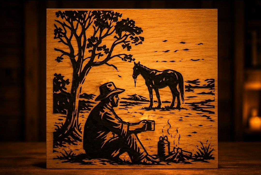 The Long Quiet Australian timber carving of a bushman resting by a campfire with his horse