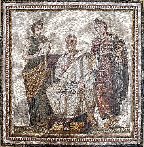 A third-century Roman mosaic of Virgil seated between the muses of history and tragedy.
