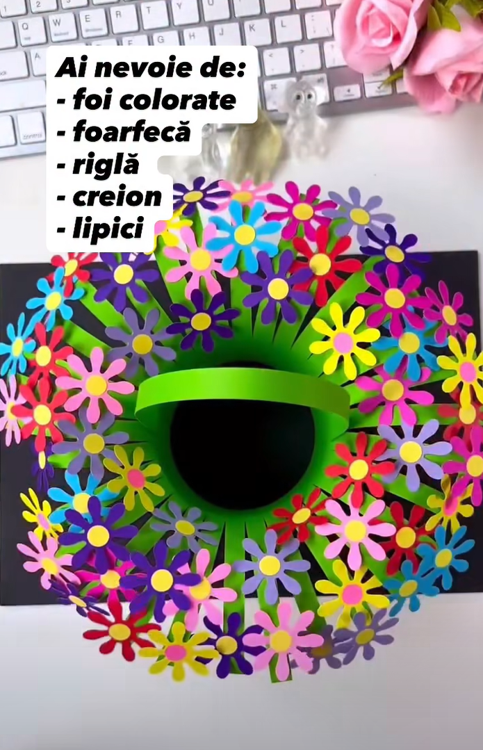 Cosulet cu flori din hartie, activitate pentru copii