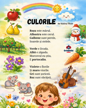 Culorile

de Violina Tihon

Roșu este mărul.
Albastru este cerul.
Galbene sunt perele,
Soarele și stelele.

Verde e livada.
Albă e zăpada.
Morcovul eu știu,
E portocaliu.

Violete-s florile
Și maro viorile.
Gri sunt șoriceii.
Roz sunt obrăjeii.


poezii pentru copii