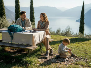 Una famiglia si gode la vista sul lago da un prato panoramico, immersa nella tranquillità della natura.