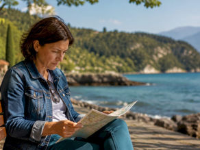 Una donna osserva attentamente la cartina del lago di Garda, cercando il percorso migliore per esplorare la zona.