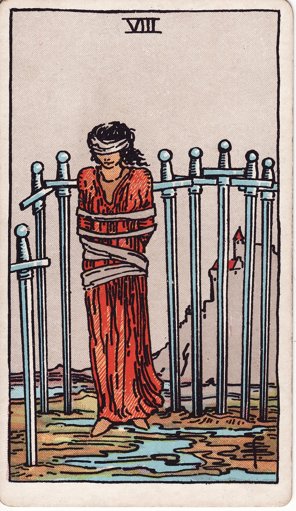 Eight of Swords Tarot card — restriction, fear, mental blocks, Gemini air energy.