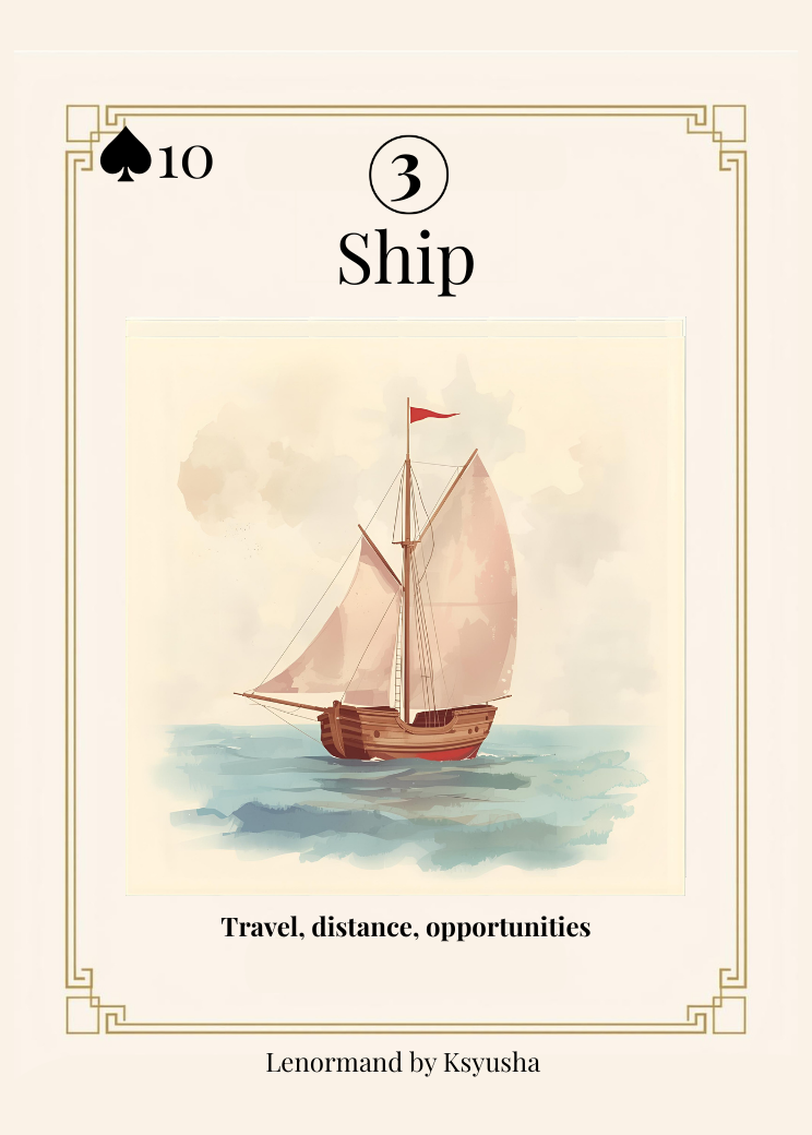 "Ship Lenormand card meaning — symbol of travel, movement, and opportunities abroad in readings."