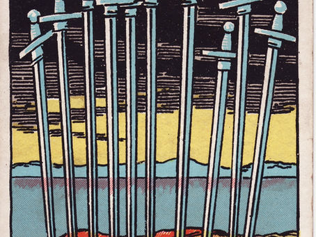 Ten of Swords Tarot card — endings, betrayal, renewal, Gemini air energy.