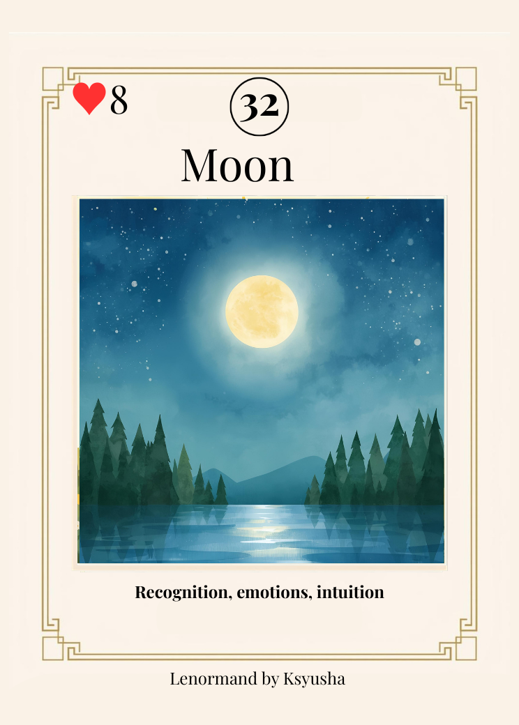 "Moon Lenormand card meaning — symbol of recognition, emotions, and intuition in readings."