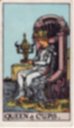 Queen of Cups Tarot card — compassion, intuition, nurturing, water energy.