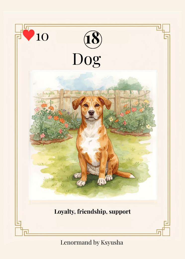 "Dog Lenormand card meaning — symbol of loyalty, friendship, and trust in readings."
