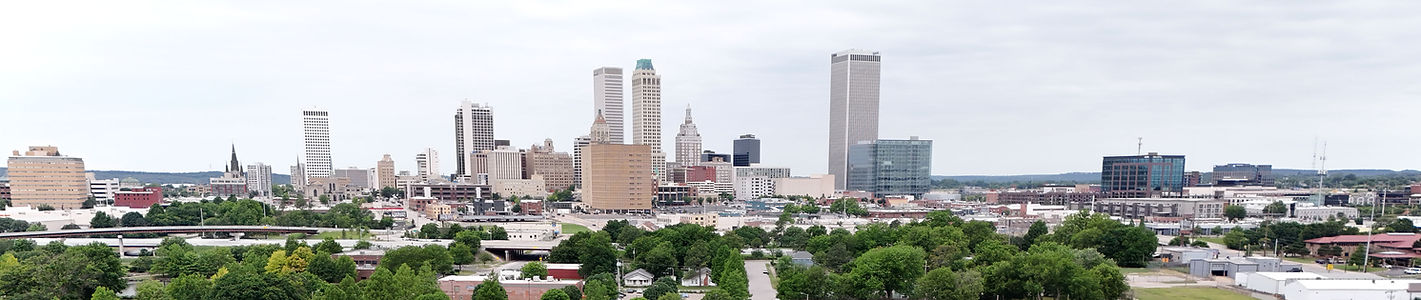 Drone photo of downtown Tulsa from the perspective of Indian Health Care Resource Center of Tulsa