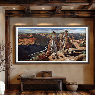 A River Runs Through oil painting by Michael Steward in a Japanese-Western style room with cream walls, wooden beams, and a rustic bench.