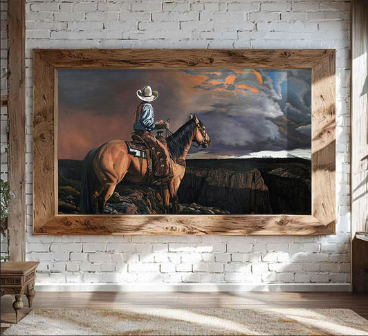 Oil painting of a lone rider on the plains with dark clouds by Michael Steward, in a large rustic wooden frame, displayed in a small neutral room with wooden floor, cream rug, and wooden beams.