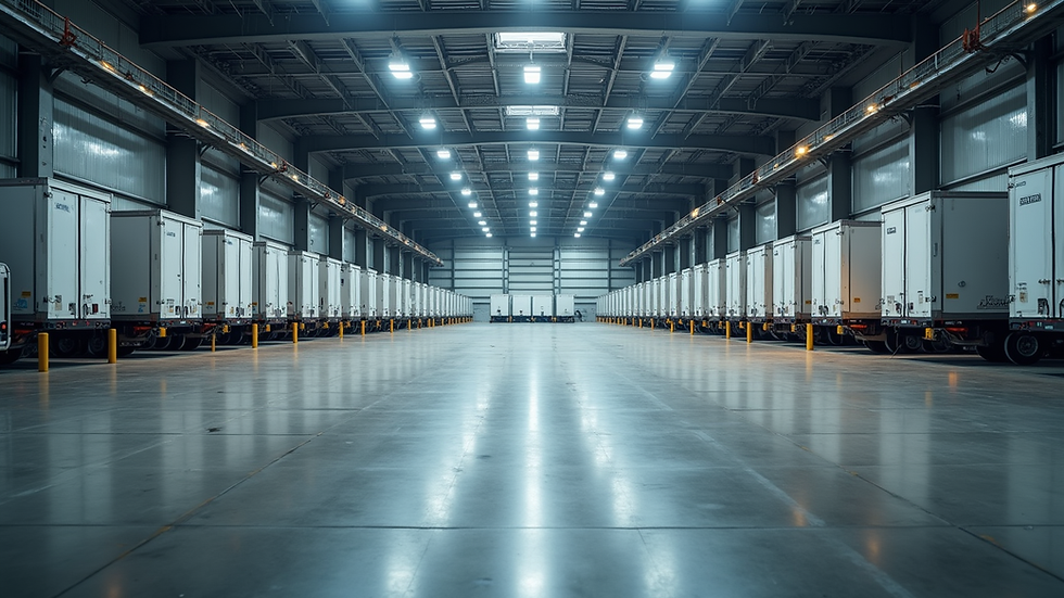 High angle view of a large industrial warehouse with loading docks