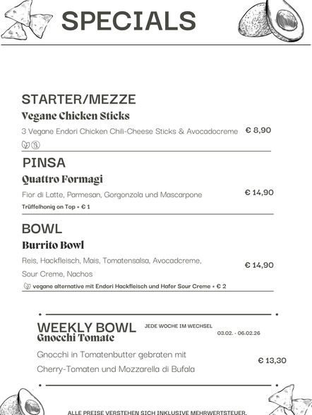 Raclette, Bowls, Pinsa, Frühstück, Lunch, Dinner, Kaffee, Café, Matcha, Limos, Aperitif, Bier, Mezze